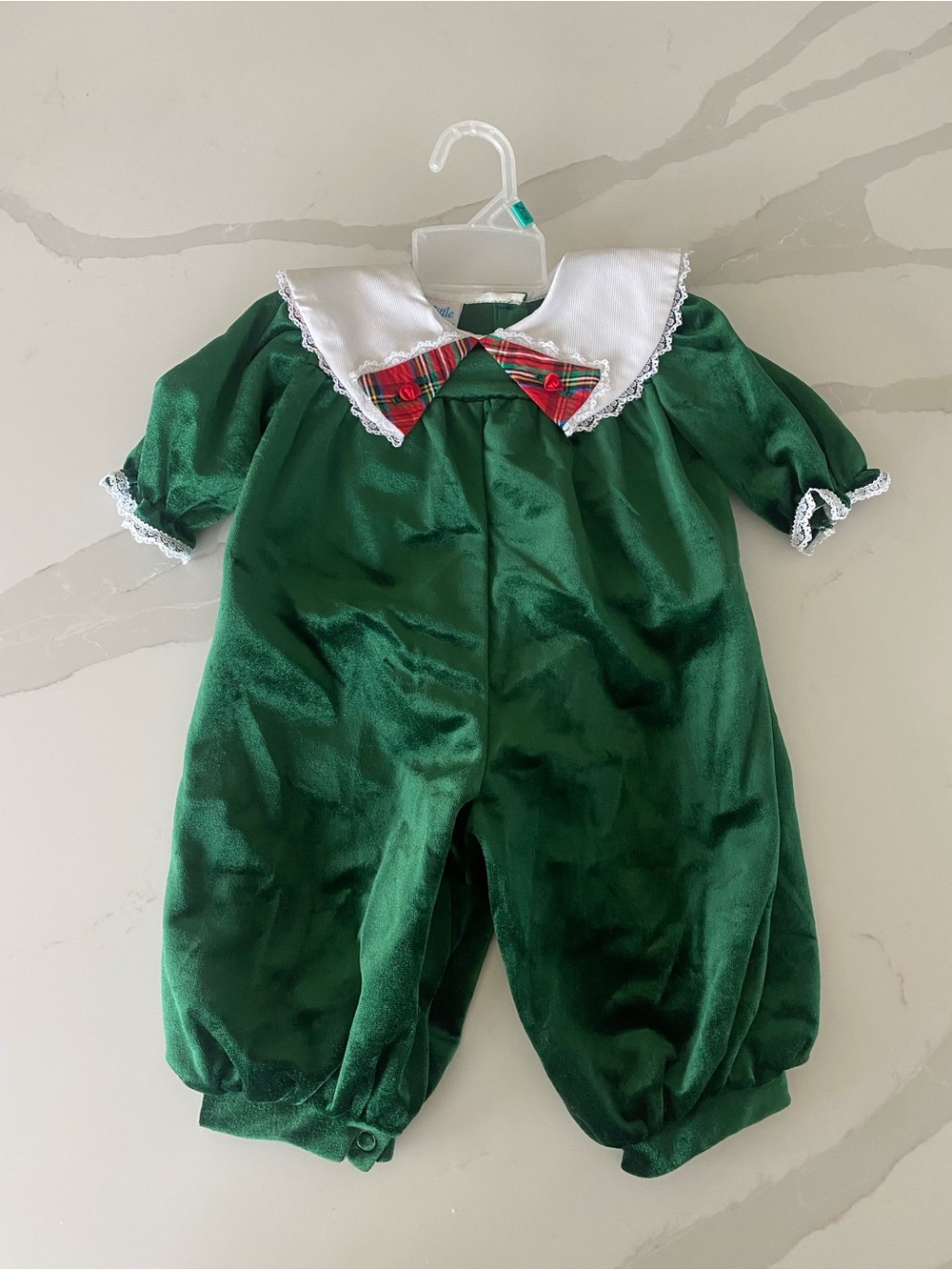 NWT Vintage Little Precious emerald Green Plaid lace trim Velour Holiday romper
